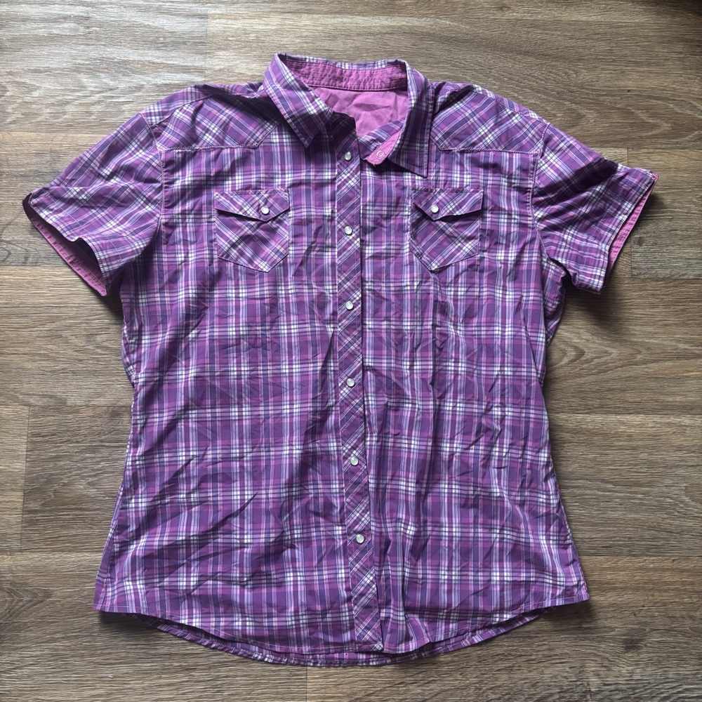 KÜHL Women’s Short-Sleeve Pearl-Snap Western Shirt – Purple Plaid – Size XL